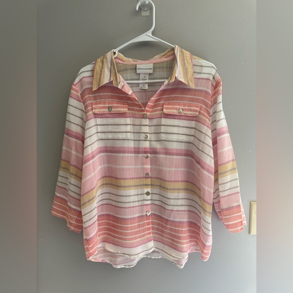 Alfred Dunner Button Up Blouse Womens SZ M Striped Shear 3/4 Sleeve Pink White - Picture 1 of 8